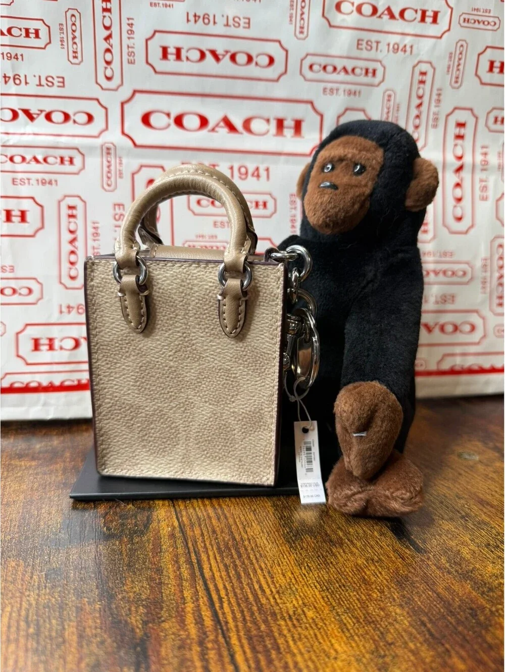 Coach Beige Mini Tote Keychain Bag Charm NWT + Coach Dust Bag